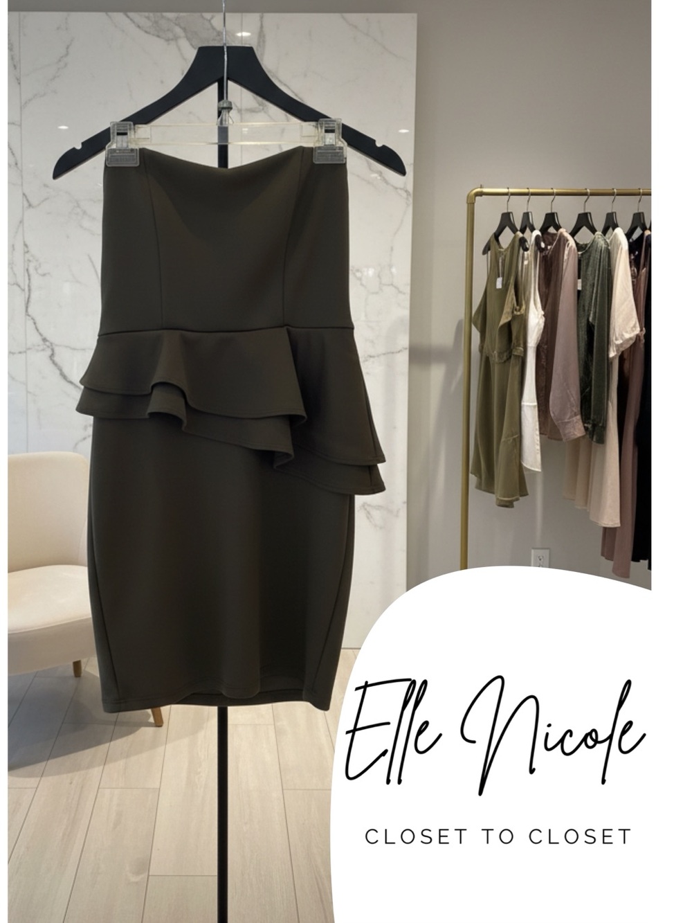 Strapless Peplum Ruffle Bodycon Dress - Olive